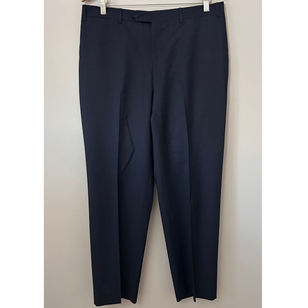 Canali Pants Mens 36 Navy Blue Micro Check Flat Front Wool Dress Trousers Italy